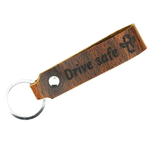 Tidero Schlüsselanhänger Leder Drive Safe, beidseitig - Fahr Vorsichtig Drive Safe | Geschenk zum Neuen Auto Schlüsselanhänger Männer/Mann Frau/Frauen - Leder mit Gravur, Wild Brown (Klein mit Symbol) von Tidero