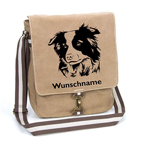Border Collie Canvas Schultertasche Umhängetasche Tasche mit Hundemotiv und Namen personalisiert von Tierisch-tolle Geschenke