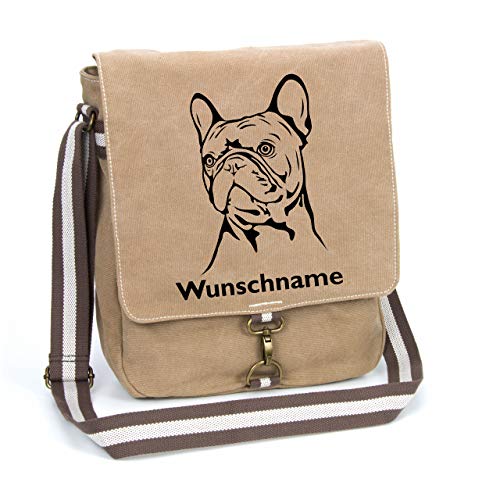 Französische Bulldogge Canvas Schultertasche Umhängetasche Tasche mit Hundemotiv und Namen personalisiert (Motiv 2) von Tierisch-tolle Geschenke