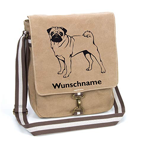 Mops Schultertasche Umhängetasche Tasche mit Hundemotiv und Namen personalisiert (Motiv 1) von Tierisch-tolle Geschenke