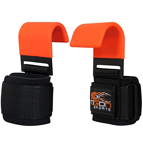 TIGON-Griffhilfen für Gewichtheben von Tigon Sports, Befestigung am Handgelenk, mit Hakengriffen, Orange von Tigon Sports