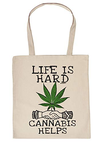Cannabis Spruch/Motiv Tasche - Baumwolltasche Kiffer : Live is Hard Cannabis Helps - Tragetasche Grass/Weed/Hanf - Farbe: Creme von Tini - Shirts