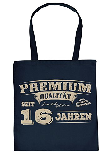 Geschenk 16 Geburtstag - Coole Geschenktasche 16 : Premium Qualität seit 16 Jahren - Stofftasche Sprüche 16 Jahre - Baumwolltasche Farbe: Navyblau von Tini - Shirts