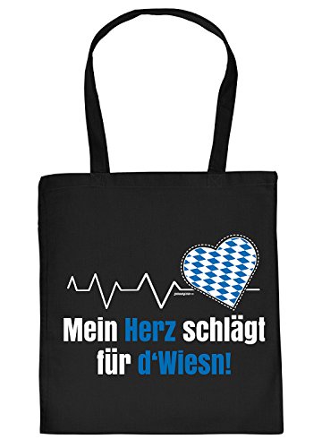 Oktoberfest/Volksfest Stofftasche - bayrischer Dialekt Mundart : Mein Herz schlägt für d`Wiesn! - Baumwolltasche Tracht - Farbe: Schwarz von Tini - Shirts