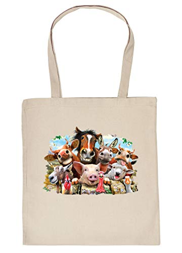 Stoff-Tasche - lustiges Bauernhof Tiere Motiv - Tiere auf dem Bauernhof Selfie : Selfie Farm - Einkaufstasche/Baumwolltasche - Farbe: Creme von Tini - Shirts