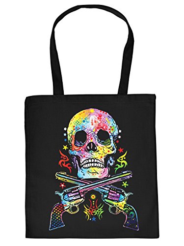 Totenkopf Motiv Stofftasche - Baumwolltasche Skull : Skull & Guns - Tasche Gothictasche Neon Totenkopf Farbe: Schwarz von Tini - Shirts