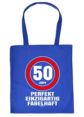 Witzige Geschenk-Tasche zum 50.Geburtstag Verpackung : 50 Jahre perfekt einzigartig fabelhaft - Stofftasche Sprüche 50 Jahre - Baumwolltasche Farbe: Royalblau von Tini - Shirts
