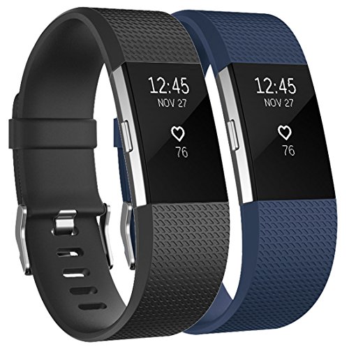 Tobfit für Fitbit Charge 2 Armband Damen Herren, Ersatz Silikon Sport und Fitness Armbänder für Fitbit Charge 2 (L, Klassische 2-Pack Schwarz+Blau) von Tobfit
