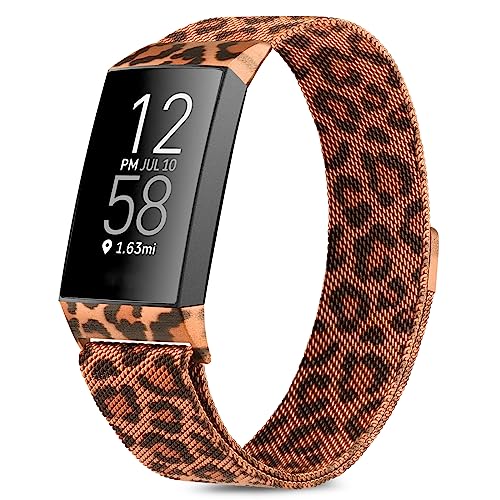 Tobfit für Fitbit Charge 4 Armband, Fitbit Charge 3 Armband für Herren Damen, Metall Verstellbarer Edelstahl Handgelenk Ersatz Armband Kompatibel für Fitbit Charge 4/Fitbit Charge 3(Large,Leopard) von Tobfit