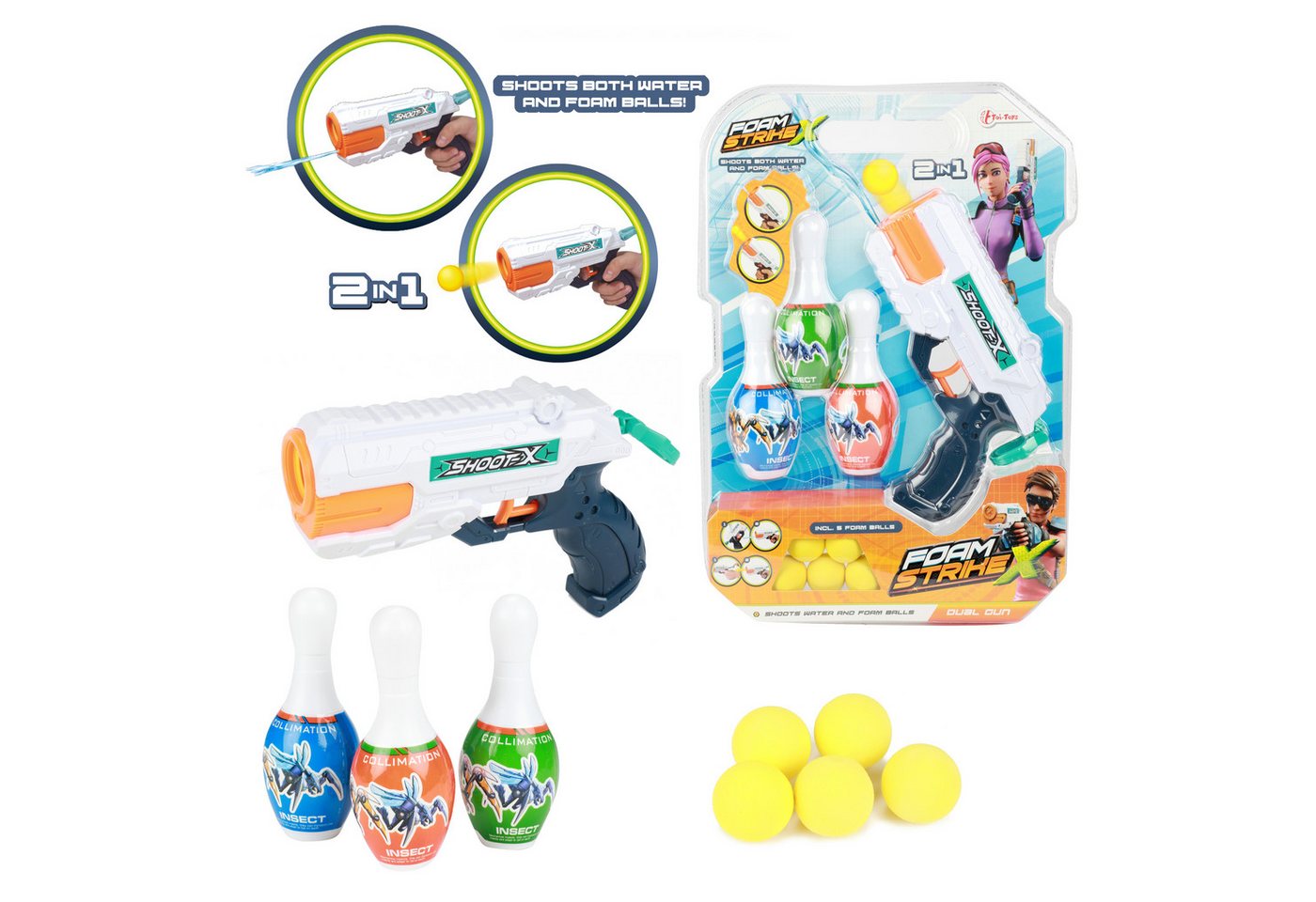 Toi-Toys Badespielzeug FOAM STRIKE X Set - Wasserpistole mit 5 Bällen und 3 Kegeln von Toi-Toys