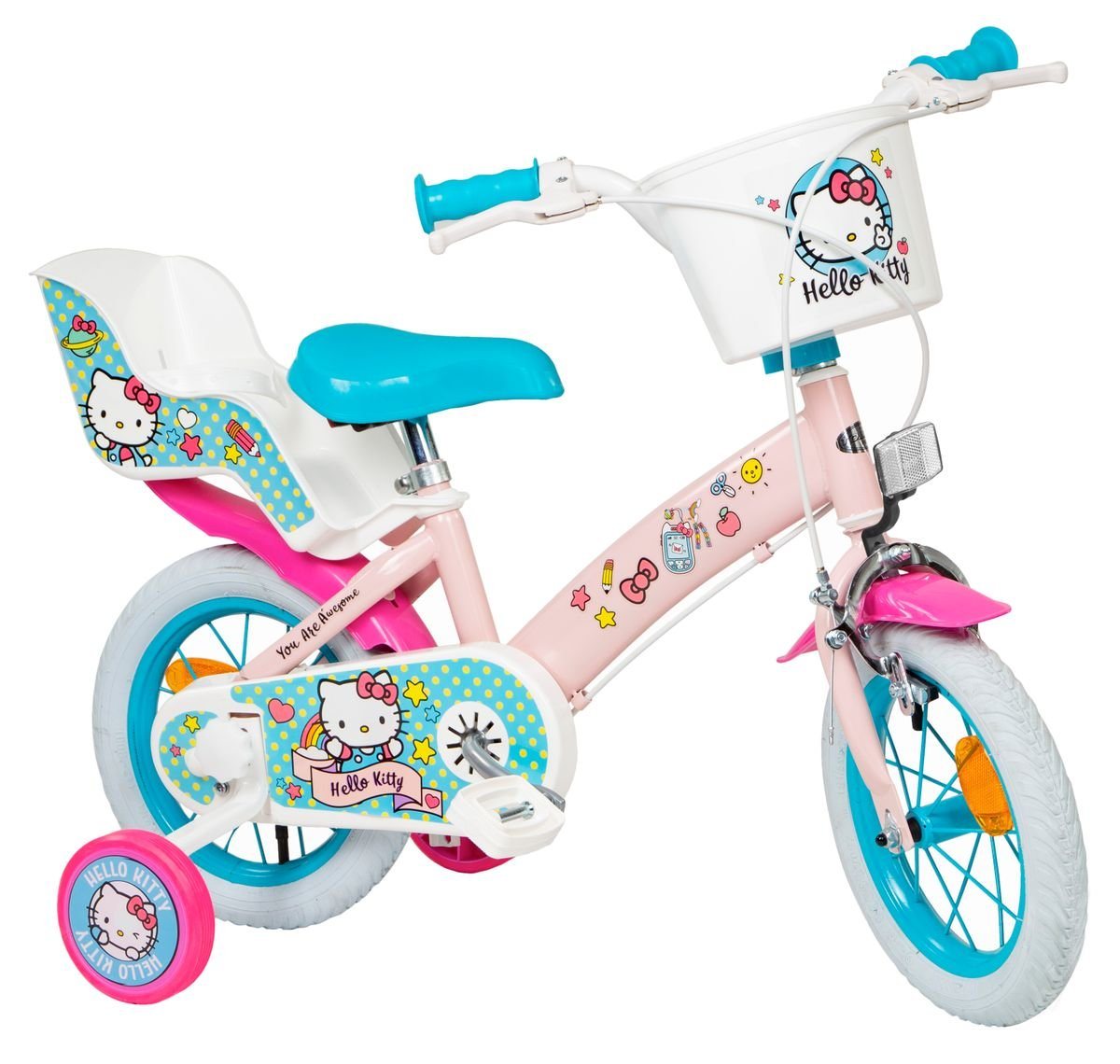 Toimsa Bikes Kinderfahrrad 12 Zoll Kinder Mädchen Fahrrad Kinderrad Rad Bike Hello Kitty 1249, 1 Gang, Puppensitz, Korb, Stützräder von Toimsa Bikes