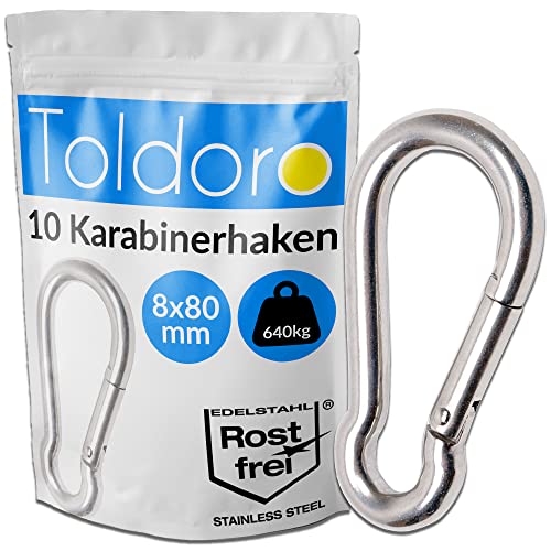 Toldoro® 2X Edelstahl Karabiner 8x80mm Rostfrei - NIRO AISI 316 V4A / Karabinerhaken Groß für Sonnensegel, Wandern, Outdooraktivitäten, Wassersport/Feuerwehrkarabiner/Karabiner Set von Toldoro