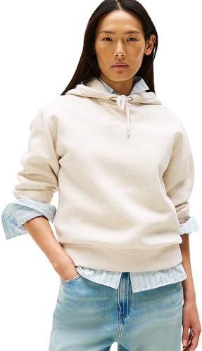 Tommy Hilfiger Damen Hoodie mit Logo, Elfenbein (Heather Oatmilk), L von Tommy Hilfiger
