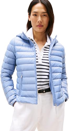Tommy Hilfiger Damen Steppjacke Down Hooded Jacket mit Reißverschluss, Blau (Brisk Blue), XS von Tommy Hilfiger