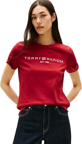 Tommy Hilfiger Damen T-Shirt Kurzarm Logo Rundhalsausschnitt, Rot (Regatta Red), S von Tommy Hilfiger