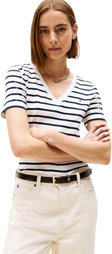 Tommy Hilfiger Damen T-Shirt Kurzarm New Slim Cody mit V-Ausschnitt, Mehrfarbig (Breton/ECU/Dark Night Navy), 3XL von Tommy Hilfiger