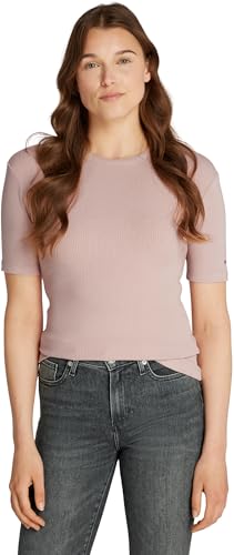 Tommy Hilfiger Damen T-Shirt Kurzarm Rib Rundhalsausschnitt, Rosa (Foggy Pink), XXS von Tommy Hilfiger