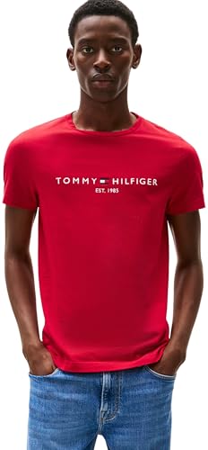 Tommy Hilfiger Herren T-Shirt Kurzarm Slim Fit, Rot (Medium Red), M von Tommy Hilfiger