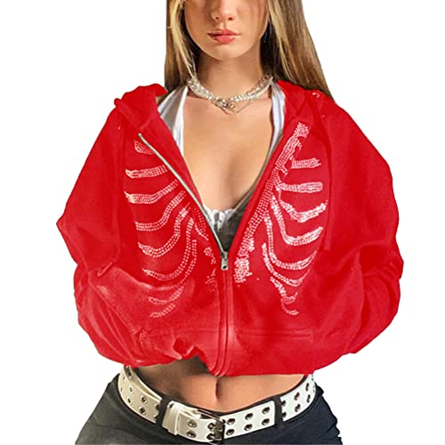 Tomwell Damen Y2K Jacke Zip Up Hoodies Goth Skeleton Strass Graphics Harajuku Oversized Sweatshirt Vintage Kapuzenjacke Kordelzug Sweatjacke mit Kapuze 90er E-Girl Tops F Rot XS von Tomwell