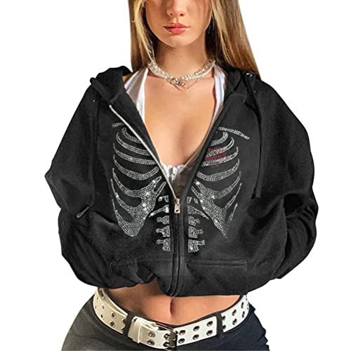 Tomwell Damen Y2K Jacke Zip Up Hoodies Goth Skeleton Strass Graphics Harajuku Oversized Sweatshirt Vintage Kapuzenjacke Kordelzug Sweatjacke mit Kapuze 90er E-Girl Tops F1 Schwarz M von Tomwell