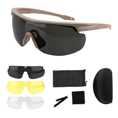 ToopMount Tactical Eyewear Anti-Beschlag-Jagd-Schutzbrille mit 3 austauschbaren Gläsern, UV400-Schutz, Airsoft-Schutzbrille, militärische Augenbrille für Outdoor-Sport, Trainingskurs (Khaki-Rahmen) von ToopMount
