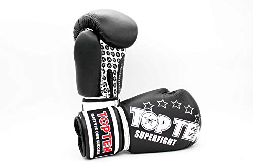 TOP Ten Boxhandschuhe SUPERFIGHT 3000" 10 12 14 16 Oz - Kickboxen Boxen Leder schwarz/weiß 12 Oz von TopTen