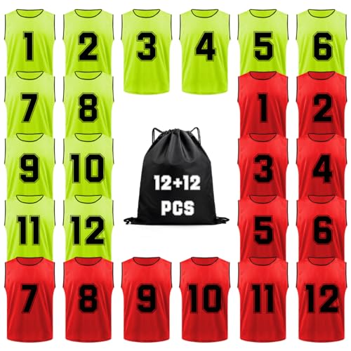 TopTie 24 Stück (Nr. 1–12) nummerierte Pinnies-Nylon-Mesh-Scrimmage-Team-Trainingswesten, Fußball-Lätzchen für Erwachsene und Jugendliche von TopTie