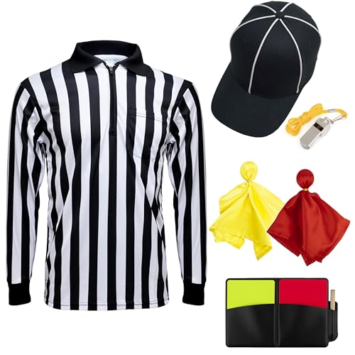 TopTie 6-teiliges offizielles Schiedsrichter-Trikot-Set, langärmeliges Schiedsrichter-Trikot mit Tasche, Schiedsrichter-Kappe und Pfeife, gelbe rote Flagge, Schiedsrichter-Geldbörse von TopTie