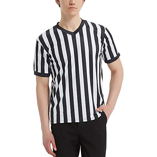 TopTie Schiedsrichtershirt Offizielles - Herren Basketball Fußball Kurzarm, Schwarz-Weiß-Streifen-Trikot mit V-Ausschnitt-L von TopTie