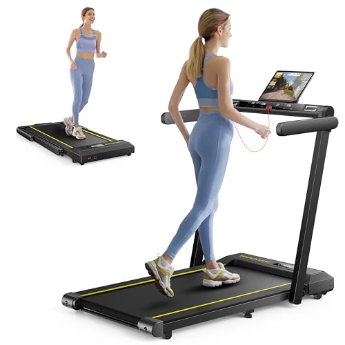 Klappbar Laufband für Zuhause, 16 km/h Home Treadmill, 2 in 1 Walking Pad mit Großer Lauffläche, Dual LED Anzeige, 12 Laufprogramme, Herzfrequenzmessung, APP und Fernbedienung, Keine Installation von Toputure