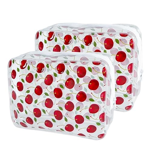 TotePrint 2er-Set Transparente Kosmetiktaschen Mit Tasche Aufnehmen Früchte-Print Stück Reißverschluss 9.84''×7.08''×2.36'' (Kirschen drucken-2pcs) von TotePrint