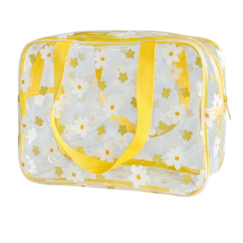 TotePrint wasserdichte Blumenmuster PVC Kosmetiktasche 30×21×11cm - Reißverschluss Tragetasche für Damen Herren Reise Schwimmbad Urlaub (Gelb + weiße Blüten) von TotePrint