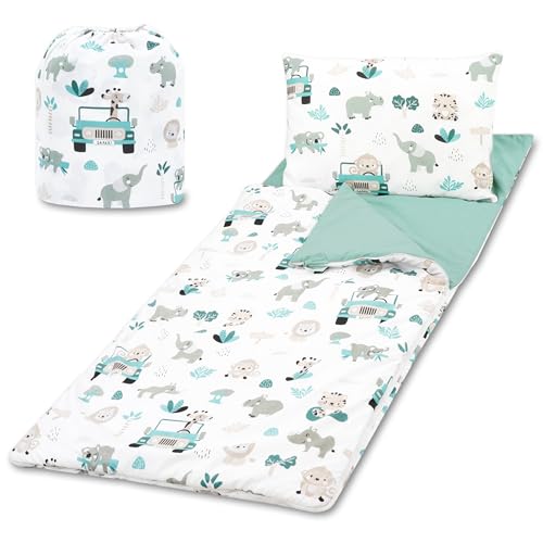 Schlafsack Kinder mit Kissen und Reißverschluss für Baby 3-7 Jahre - 140 x 75 cm Kinderschlafsack Indoor für Kindertagesstätte Kindergarten Deckenschlafsack Salbeifarbe von Totsy Baby