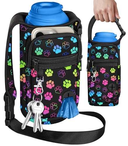 Toykee Tragbare Tragetasche für Hunde-Wasserflasche für PupFlask 765 ml – Reiseflaschen-Geldbörse mit Handytasche, Riemen, niedliche Farben, Pfoten-Schwarz, Haustier-Flaschenhalter für einfaches von Toykee