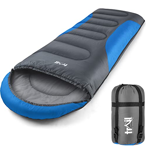 Trail-Alpin-Schlafsack mit Kapuze – 250 g Schlafsack, 3-Jahreszeiten- Schlafsack. Leicht, kleines Packmaß – mit Kapuze und Kompressionssack (Blau) von Trail Outdoor Leisure