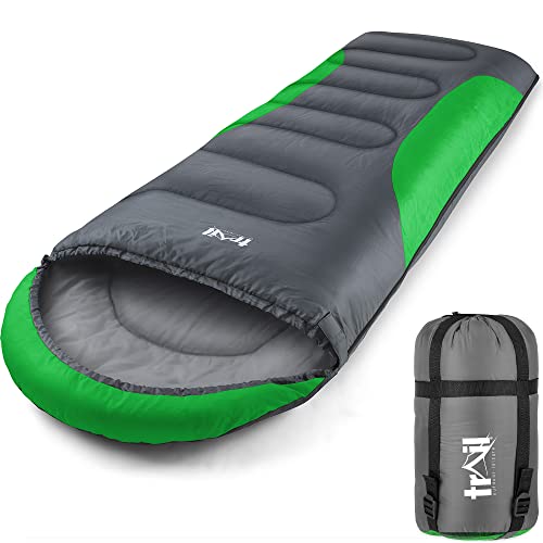 Trail-Alpin-Schlafsack mit Kapuze – 250 g Schlafsack, 3-Jahreszeiten- Schlafsack. Leicht, kleines Packmaß – mit Kapuze und Kompressionssack (Grün) von Trail Outdoor Leisure