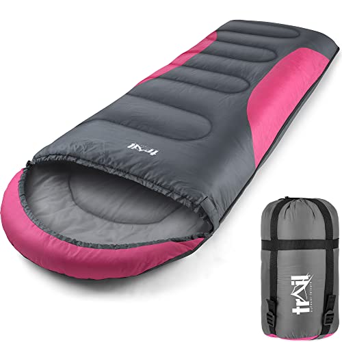 Trail-Alpin-Schlafsack mit Kapuze – 250 g Schlafsack, 3-Jahreszeiten- Schlafsack. Leicht, kleines Packmaß – mit Kapuze und Kompressionssack (Pink) von Trail Outdoor Leisure