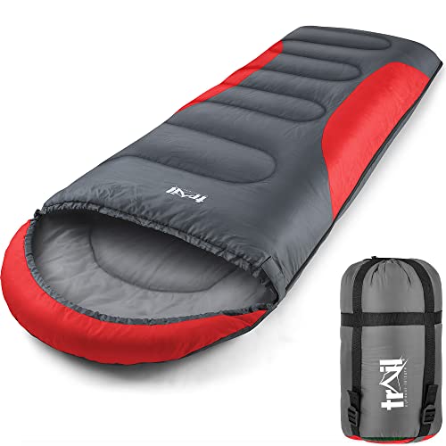 Trail-Alpin-Schlafsack mit Kapuze – 250 g Schlafsack, 3-Jahreszeiten- Schlafsack. Leicht, kleines Packmaß – mit Kapuze und Kompressionssack (Rot) von Trail Outdoor Leisure