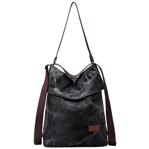 Travistar Damen Canvas Handtasche Rucksack Groß Schultertasche Vintage Damen umhängetasche Anti Diebstahl Tasche Damen Hobo Tasche für Alltag Büro Schule Ausflug Einkauf - Schwarz 02 von Travistar