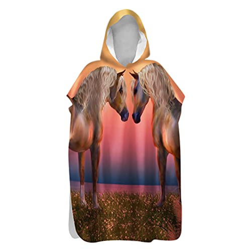 Badeponcho Strand Poncho Strandtücher Handtuch, Treer Poncho mit Kapuze Schnelltrockend 3D Pferd Einhorn Drucken Bademantel Badetuch Duschtücher Für Wassersport (Oranges Pferd,60x110cm) von Treer-shop