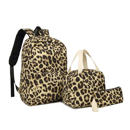 Treer Schulrucksack Set 3tlg, Schulrucksack Teenager mit Lunchpaket Tasche und Federmäppchen, Mädchen & Jungen Schulrucksack Klassisch Druck Schulranzen Wasserdicht Rucksack Schule (Leopardenmuster) von Treer