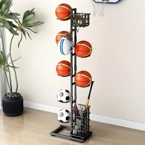 Treesunshine Basketball Fußballständer, Garage Organizer Für Sportgeräte, Basketball Aufbewahrungsregal, Vertikaler Ballregal with 7 Ball Ständer Und 2 Körbe, Für Volleyball Fußball Display (Style 2) von Treesunshine