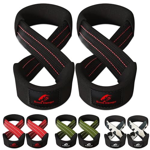 Trend Changer Figure 8 Lifting Strap Padded Deadlift Straps Heavy Duty Weight Lifting Straps Strongman Axle Bar Straps Weightlifting Wrist Wraps (Small (Up to 6 '' Wrist Circumference), Black/Red) von Trend Changer