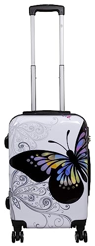 Trendyshop365 Handgepäck Koffer Hartschale Schmetterling 58 Zentimeter 36 Liter 4 Räder Weiß Printdesign Zahlenschloss von Trendyshop365