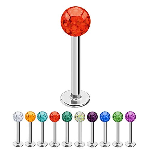 Treuheld® | 1,2mm x 10mm Piercing Labret | 4mm Kristall Kugel | Rot | Chirurgenstahl | Silber | Lippenpiercing, Helix Tragus Stecker von Treuheld