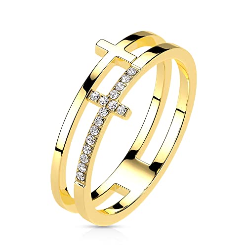 Treuheld® Doppelter Ring mit Kreuz und Kristallen | Farbe: Gold - Größe: 48 von Treuheld