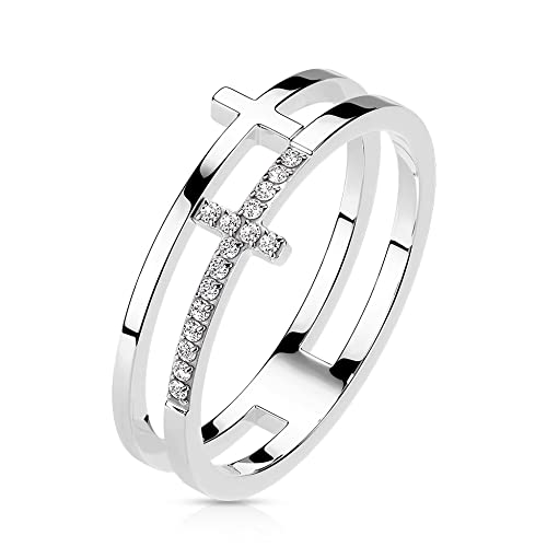 Treuheld® Doppelter Ring mit Kreuz und Kristallen | Farbe: Silber - Größe: 51 von Treuheld