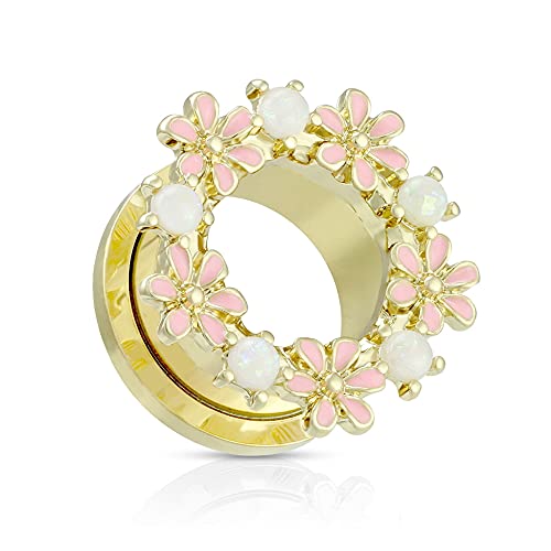 Treuheld® Goldener Flesh Tunnel mit Blumen und Perlen | 6 Größen 6 mm von Treuheld