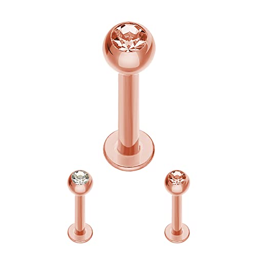 Treuheld® | Rosegoldenes Labret Piercing mit Kristall aus Stahl - [14.] 1.2 x 5 mm (Kugel: 2.5mm) - pfirsich von Treuheld