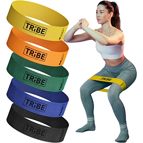 Tribe Widerstandsbänder für Gewichtheben, 5er-Pack, Übungsband für Zuhause, Fitness, Crossfit, Stretching, Krafttraining, Physiotherapie, 30,5 x 5,1 cm, Yellow, Green, Red, 12" by 2" von Tribe Lifting